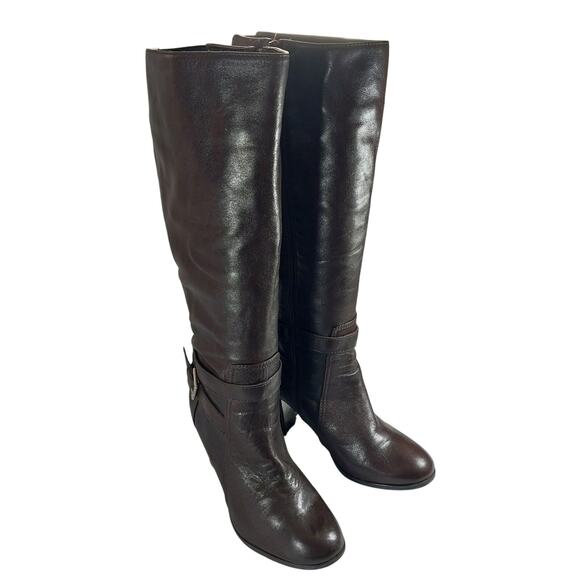 MARC FISHER! ESPRESSO BROWN GENUINE LEATHER CHUNKY HEEL ANKLE WRAP BOOTS!SZ 7.5M - Picture 2 of 11